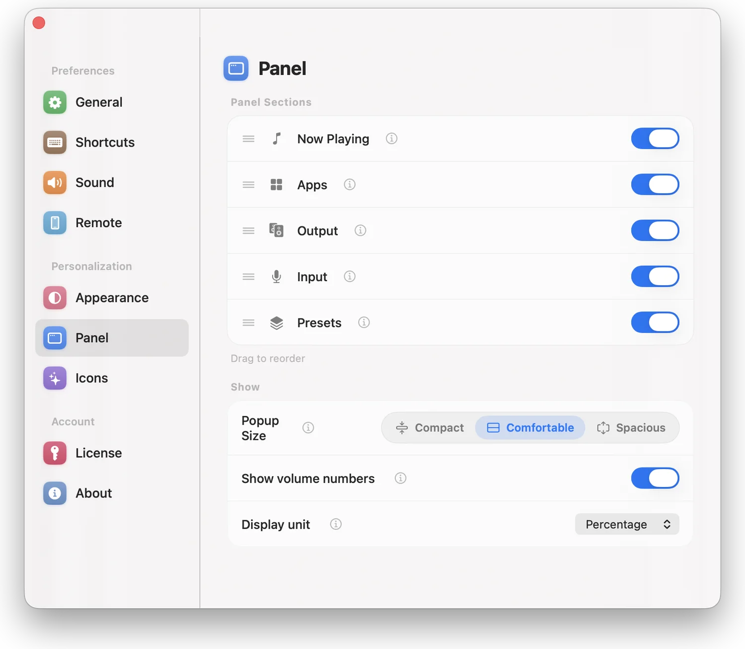 Control tab in Settings toggling and reordering panel cards
