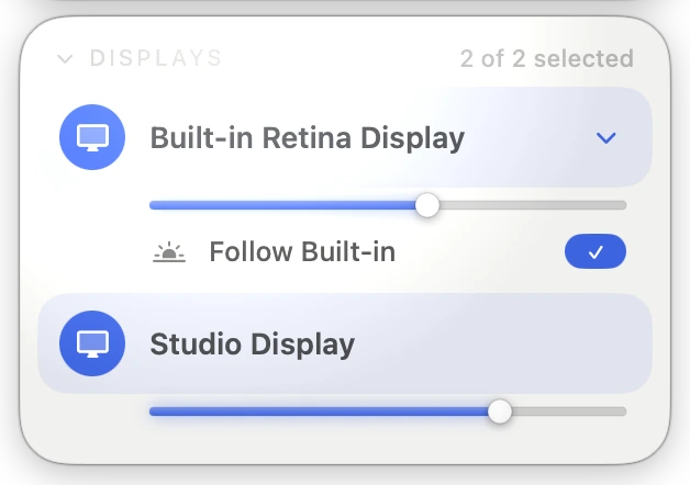 Display controls with two selected displays, individual brightness sliders, and Brightness Follow enabled