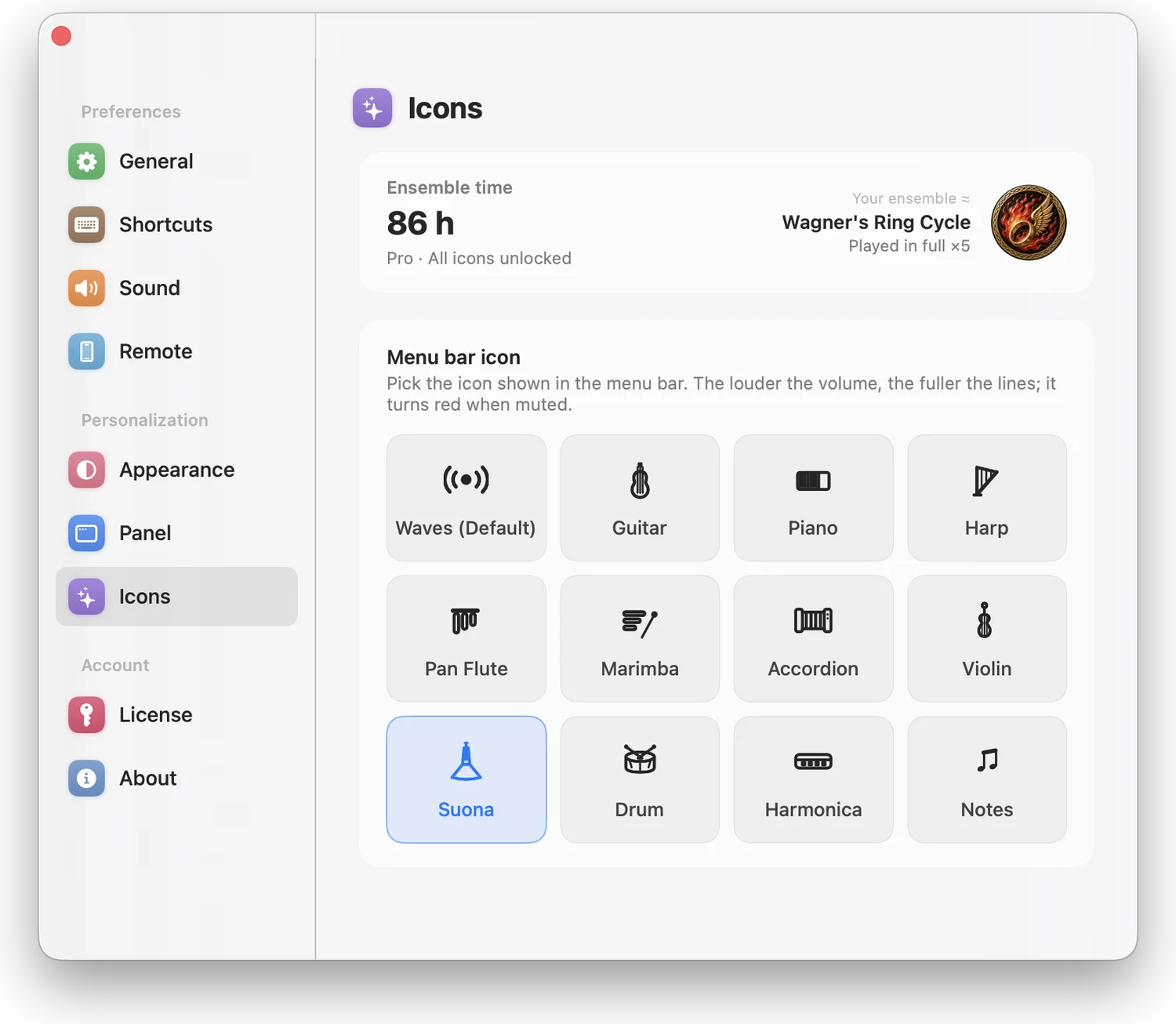 Menu bar icon picker showing sound waves and instrument options