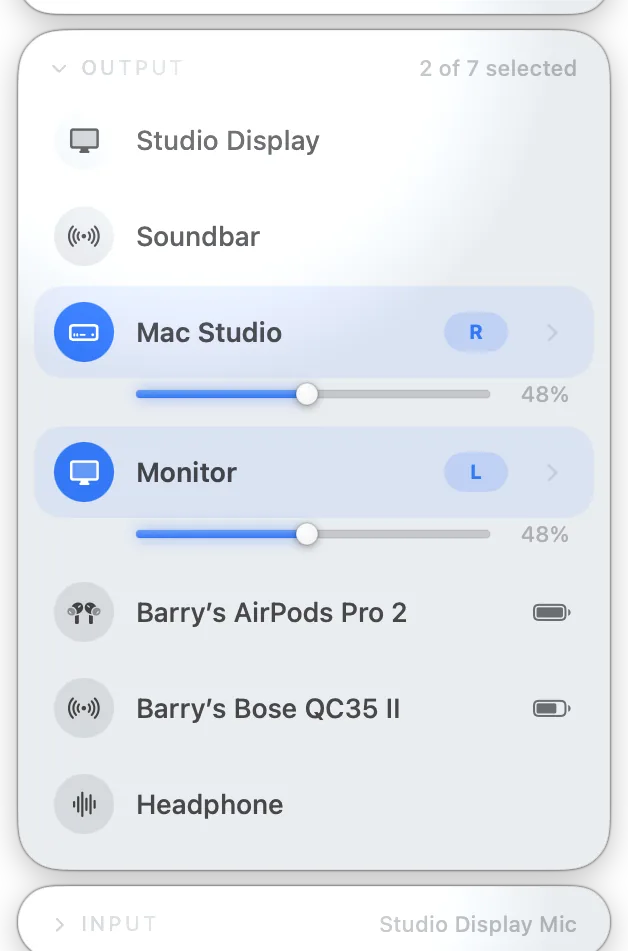 Two speakers paired as Left and Right in the panel
